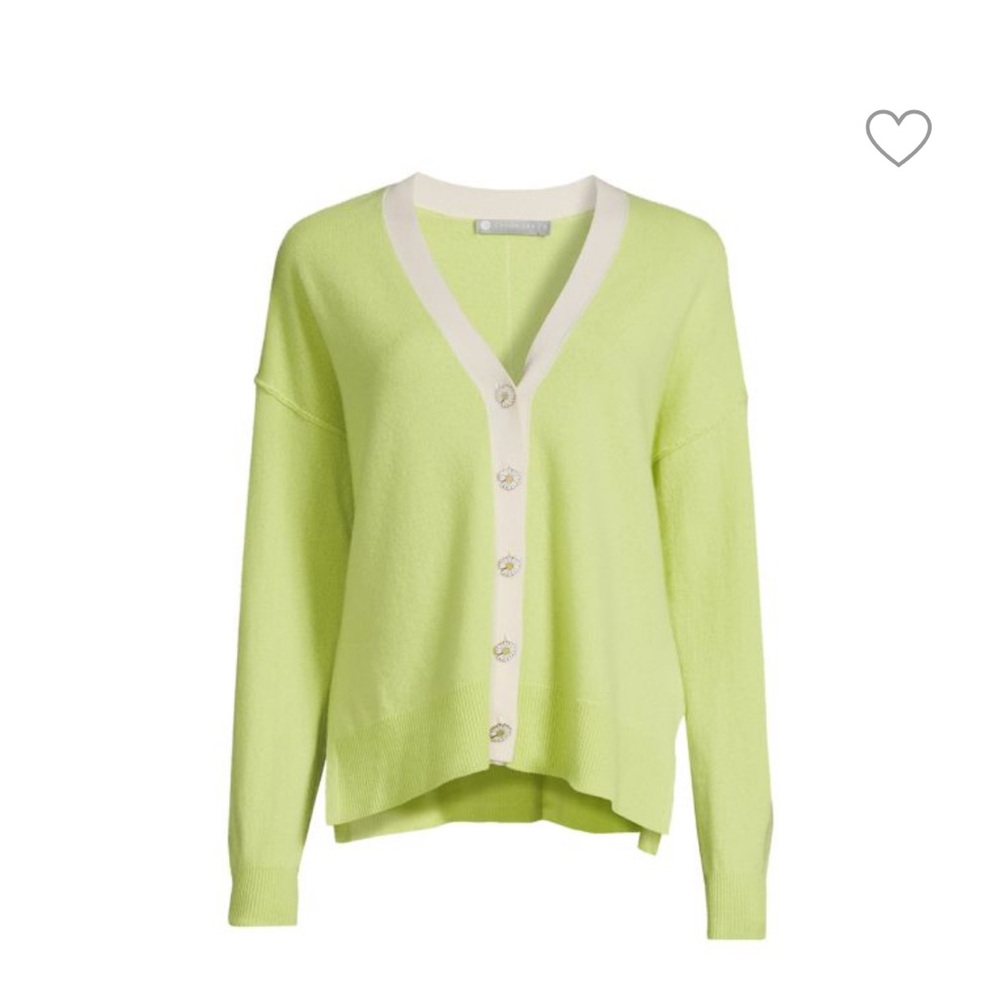 In Cashmere Women’s Contrast Trim Light Lime Green V-Neck Cardigan Sweater M